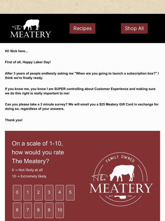 Get a $25 Gift Card for 3 Minutes of Your Time! (The Meatery Survey)