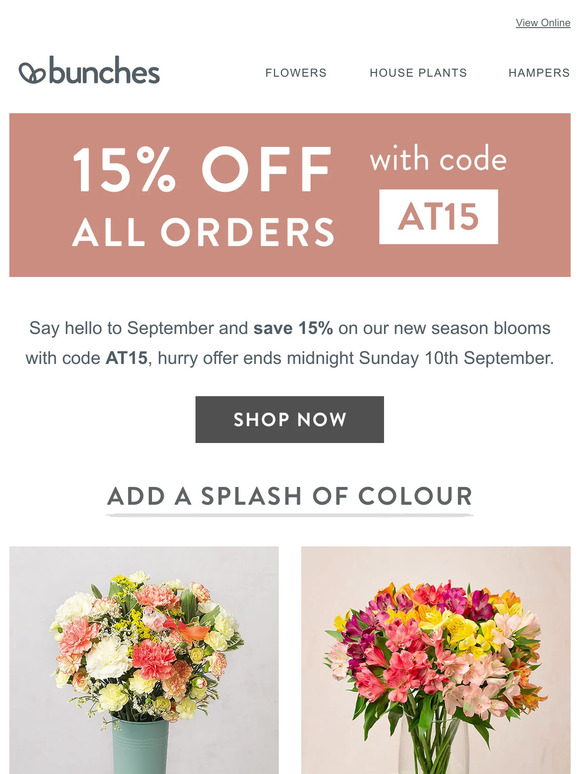 Save 15% on autumn flowers with promo code AT15