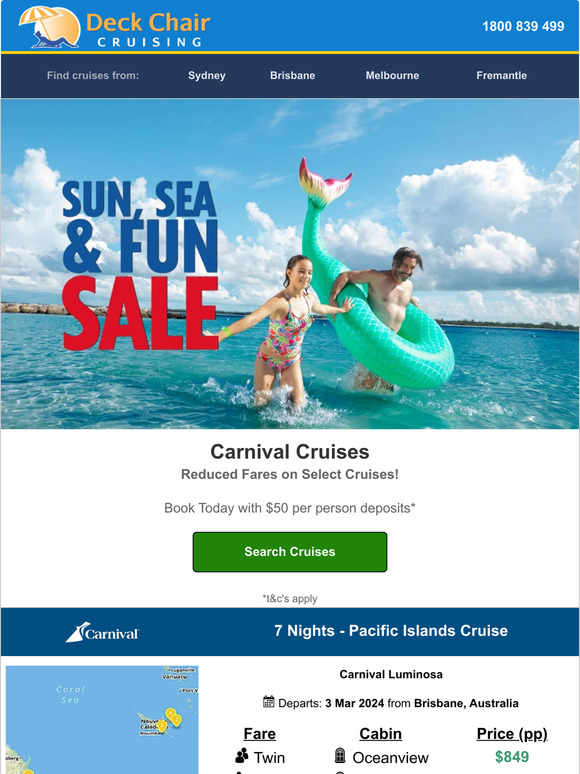 Deck Chair Cruising 50 Carnival Cruise Deposits! Milled
