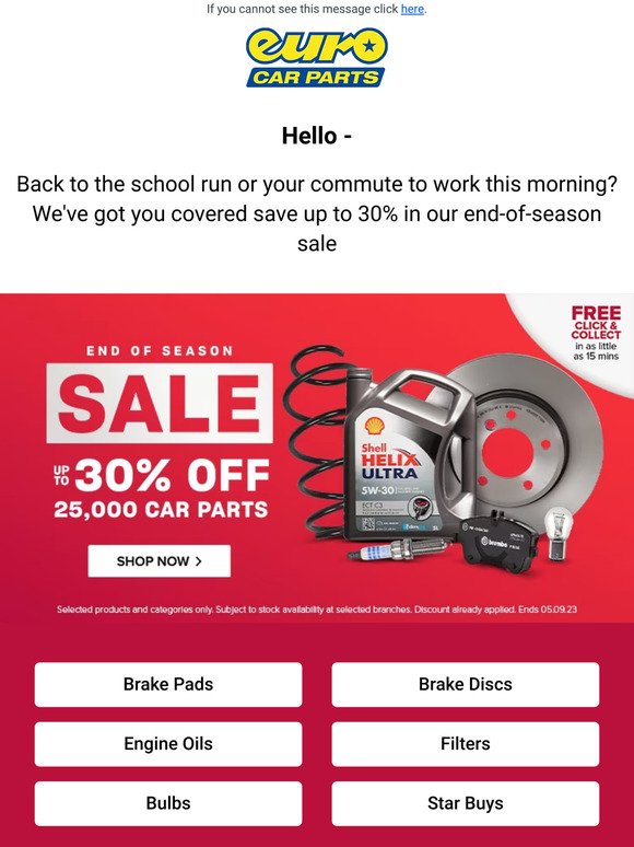 Back to your commute or school run this morning? | Save up to 30%* on parts inside...