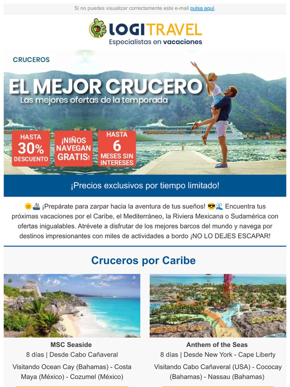 ¡Tus vacaciones en crucero están por comenzar! Hasta 30% de descuento