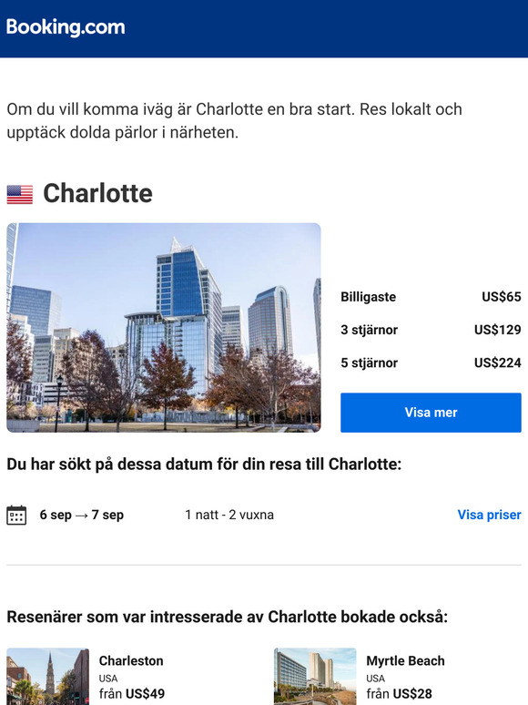 Glöm inte din sökning för Charlotte – priserna är så låga som US$65!