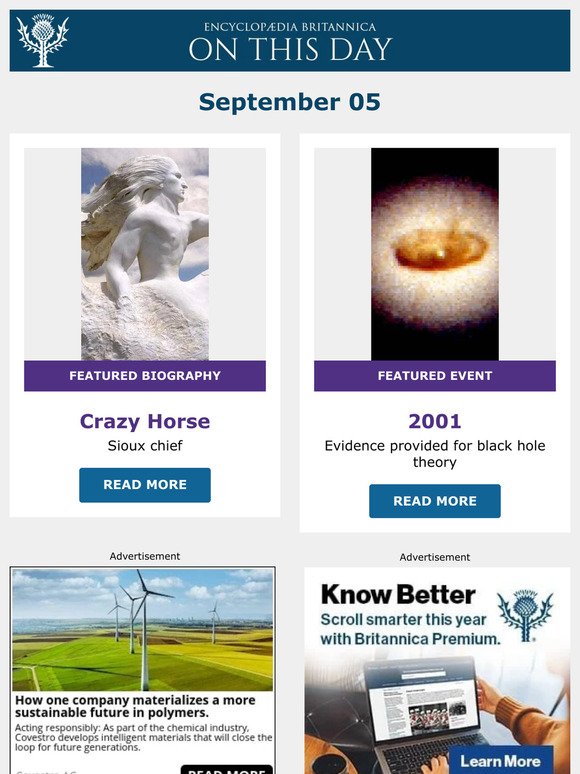 Evidence provided for black hole theory, Crazy Horse is featured, and more from Britannica