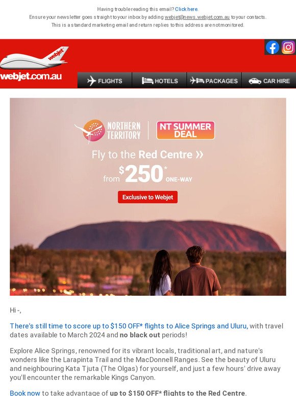 Get in now! $250 one-way to Alice Springs ✈️