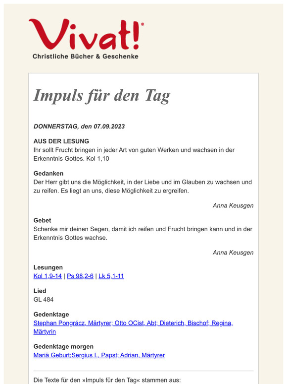 Impuls für DONNERSTAG, den 07.09.2023 - von Vivat!