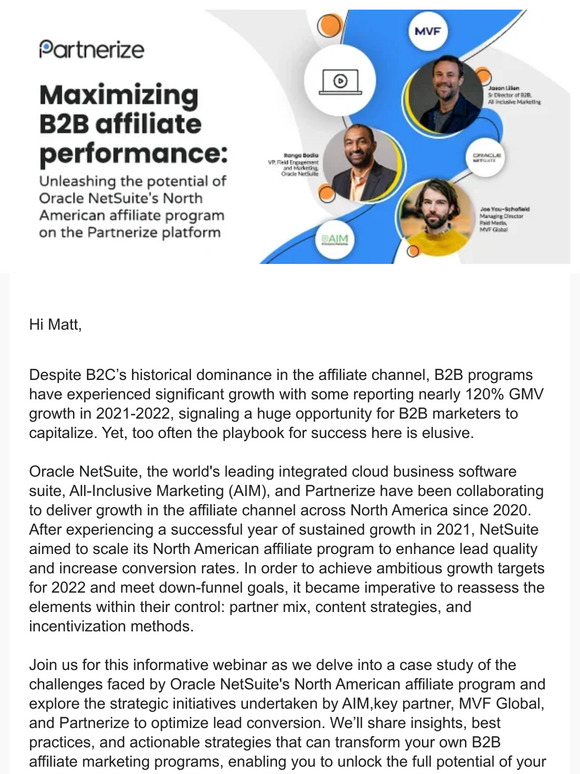 WEBINAR: Maximizing B2B Affiliate Performance: Unleashing the Potential of Oracle NetSuite's North American Affiliate Program on the Partnerize Platform