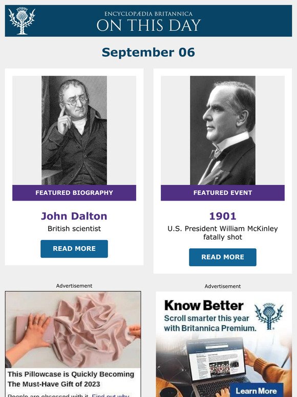 U.S. President William McKinley fatally shot, John Dalton is featured, and more from Britannica