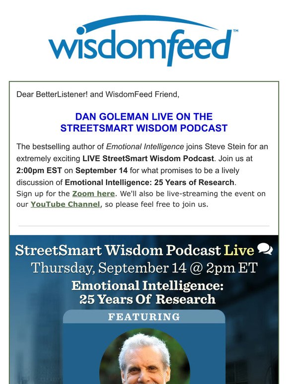 Daniel Goleman live on the StreetSmart Wisdom Podcast