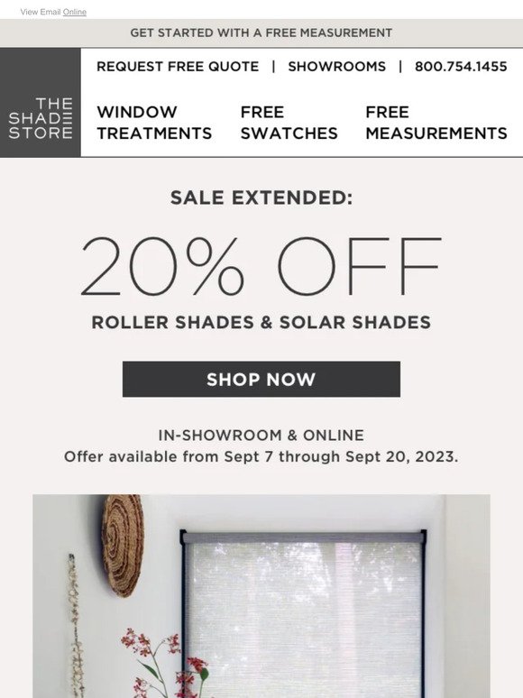 Sale Extended: 20% Off Roller Shades & Solar Shades