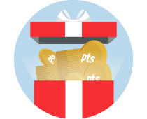 Illustration of a gift box opening up to show points coins inside.