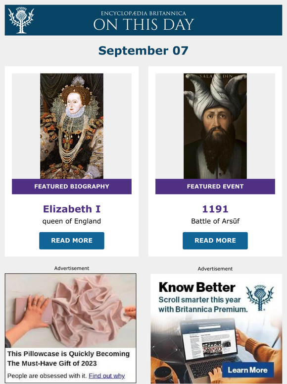 Battle of Arsūf, Elizabeth I is featured, and more from Britannica