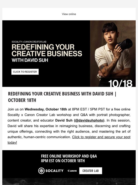 Join Us for a Creative Business Transformation Workshop with Photographer David Suh on October 18th!