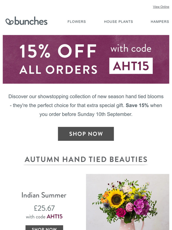 Save 15% on beautiful hand tied blooms with code AHT15