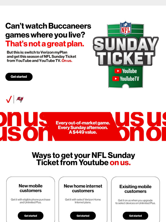 New Verizon Home Internet & myPlan customers get NFL Sunday Ticket On    or   TV 