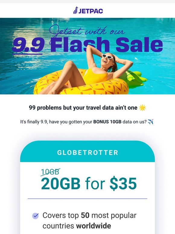⚡9.9 Flash : 20GB roaming data in 50 countries