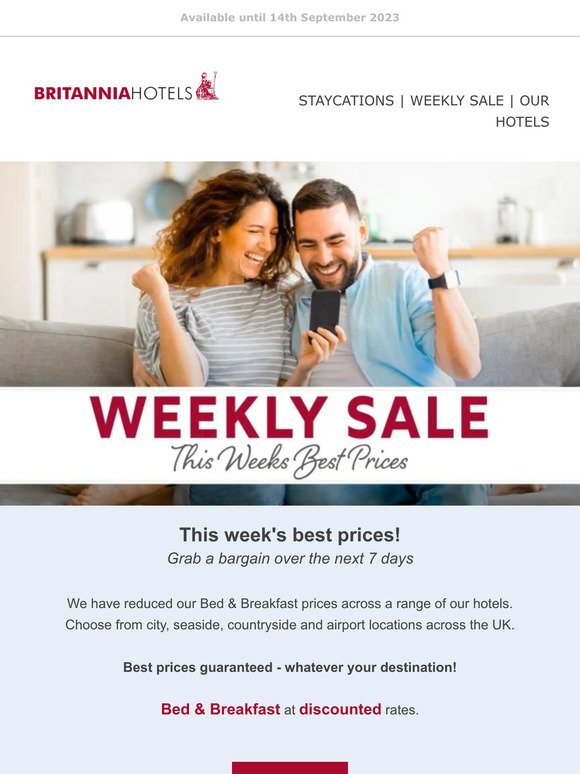 📢 — Get great deals on Bed and Breakfast in our Weekly Sale ⏰