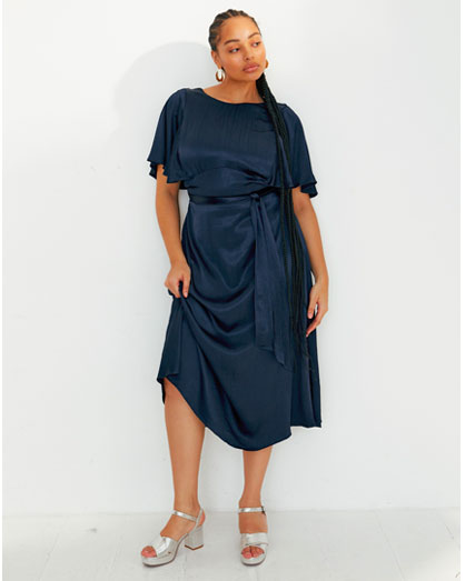 Crinkle Sleeve Navy Satin Midi Dress