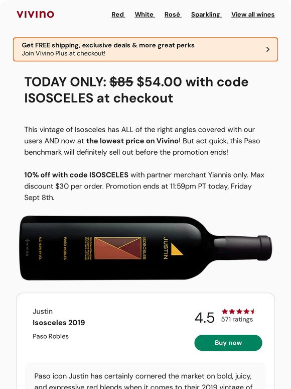 🍷24 HOURS ONLY: Justin's flagship red for the best price on Vivino?!