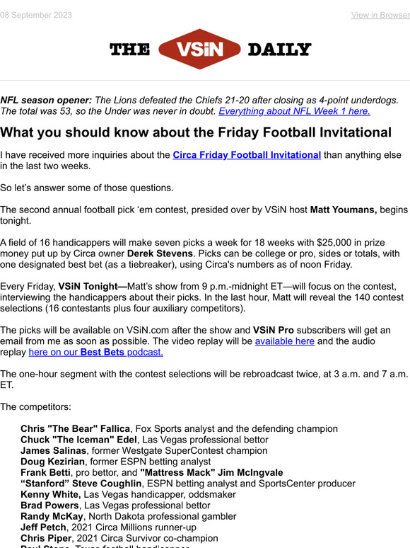 Circa Friday Football Invitational: Week 1 NFL and college football picks -  Matt Youmans - News