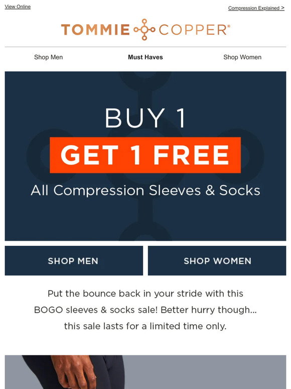 Tommie Copper Compression Sleeves & Socks are BOGO Free! Milled