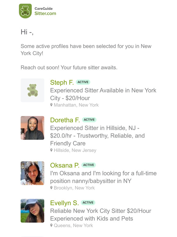 —, 5 new sitters have been selected for you in New York City