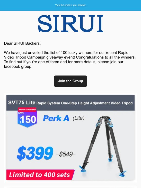 🎁100 Lucky Winners Announced For SIRUI Rapid Tripod Indiegogo Campaign!