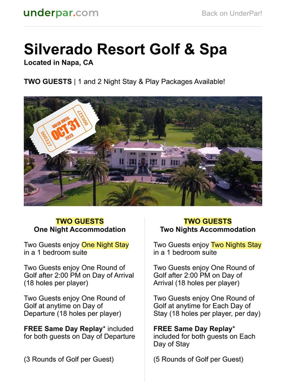 Silverado Resort Golf & Spa is Back! Two Guests - 1 and 2 Night Stays on Sale - Up to 5 rounds of Golf (Valid until Oct 31, 2023)
