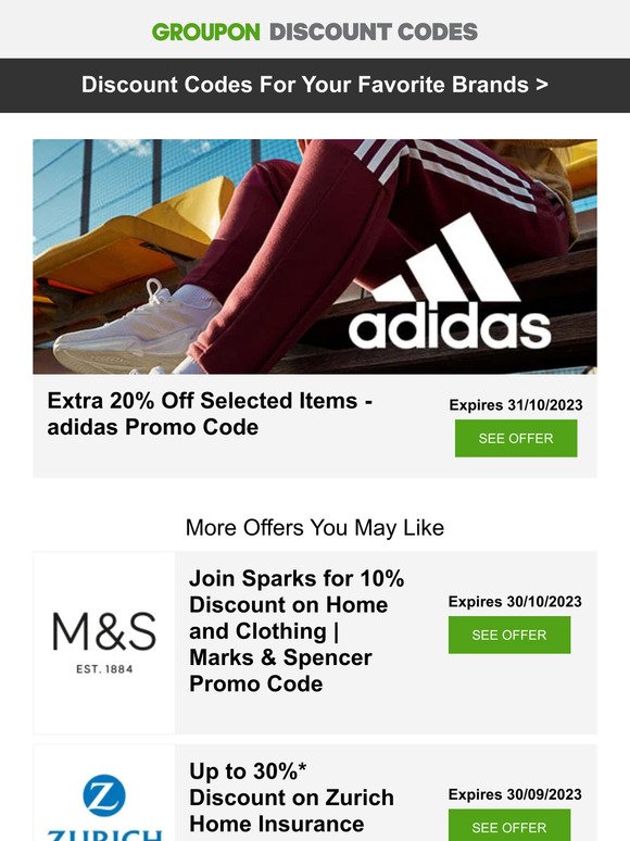 💰 adidas - 20% off • Marks & Spencer - 10% off • Very - 30% off + more!