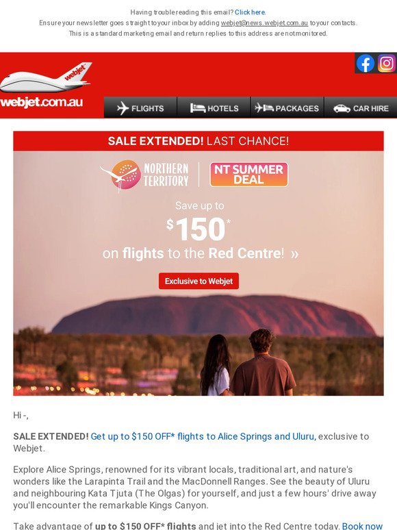 Sale extended: up to $150 OFF flights to the Red Centre!