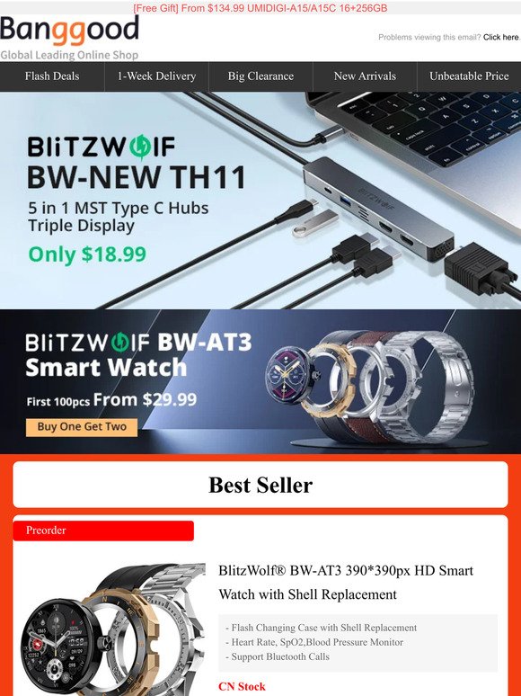 [First 50pcs] BW-AT3 Smart Watch $29.99 Buy 1 Get 2! Only $18.99 BW-NEW TH11 5 in 1 Hubs, Now.