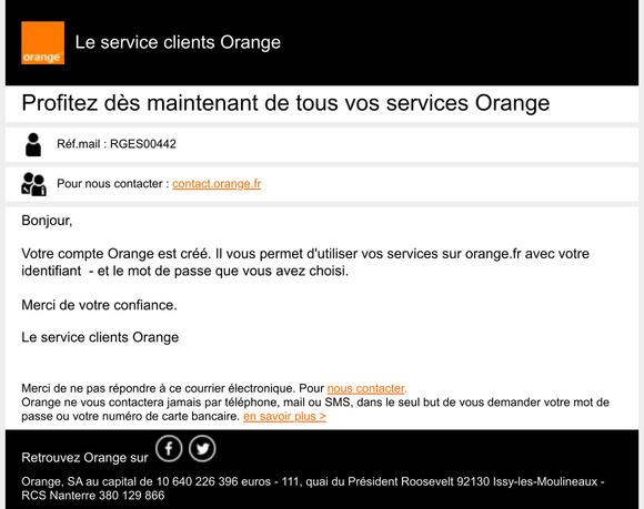 Votre compte Orange a bien été créé