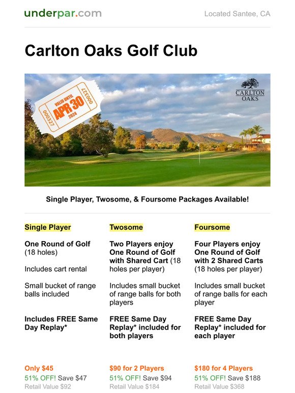 Valid until Apr 30, 2024: Carlton Oaks Golf Club - Single Player, Twosome, & Foursome Packages Available! (51% OFF)