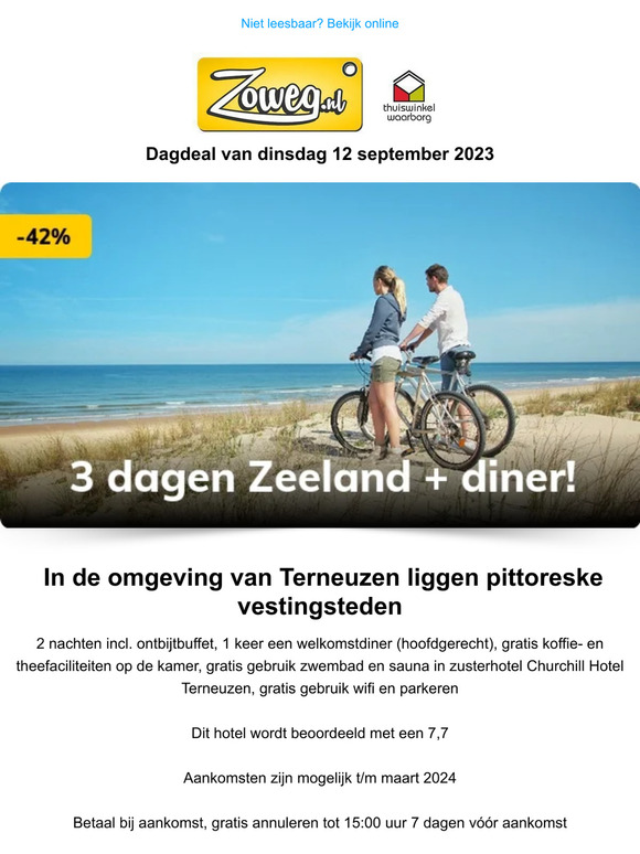 3 dagen Zeeland incl. diner nu 89,50 p.p.