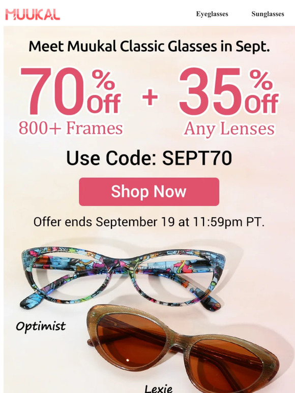 Trendy Glasses 😍 70% Off Frames + 35% Off lenses.