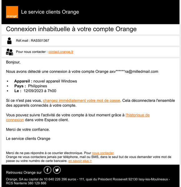 Connexion inhabituelle à votre compte Orange