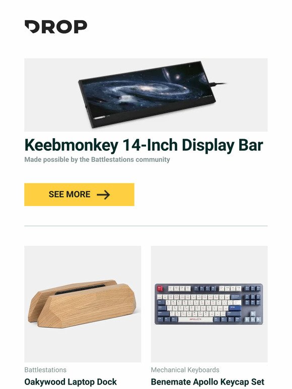 Keebmonkey 14-Inch Display Bar, Oakywood Laptop Dock, Benemate Apollo Keycap Set and more...