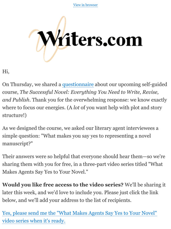 Free Video Series: "What Makes Agents Say Yes to Your Novel"