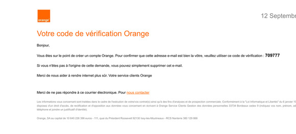 Votre code de vérification Orange