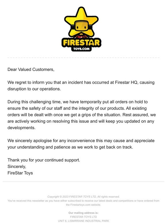 Important Update: Incident Impacting Firestar HQ Operations