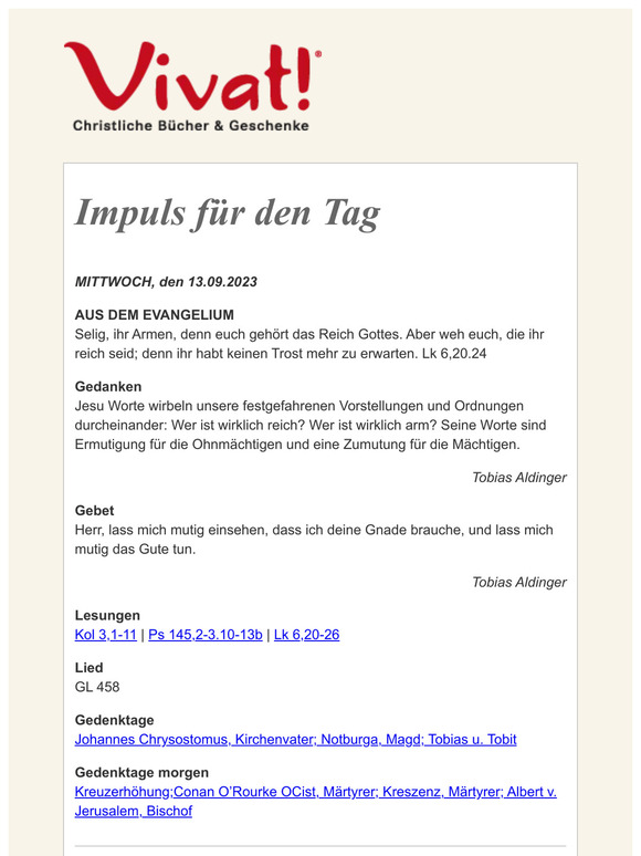 Impuls für MITTWOCH, den 13.09.2023 - von Vivat!
