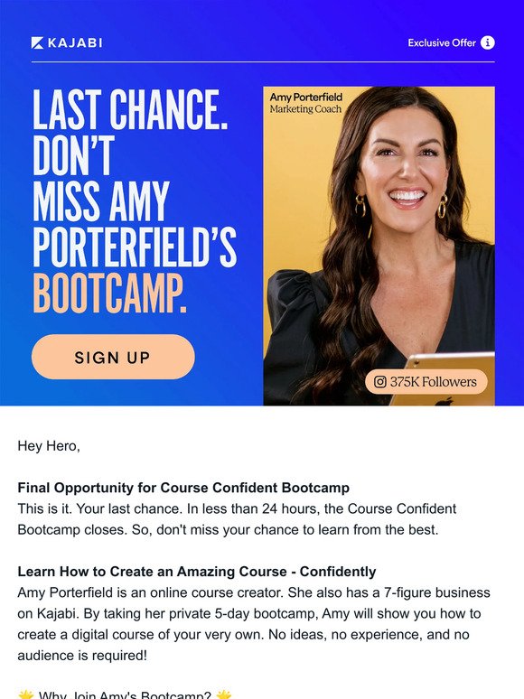 🚨LAST CHANCE: Amy Porterfield’s Course Confident Bootcamp closes tomorrow 🚨