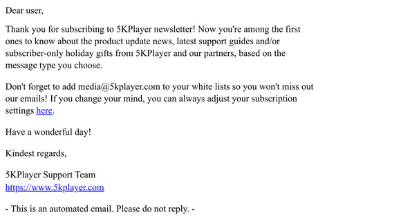 5KPlayer Newsletter Confirmation Email