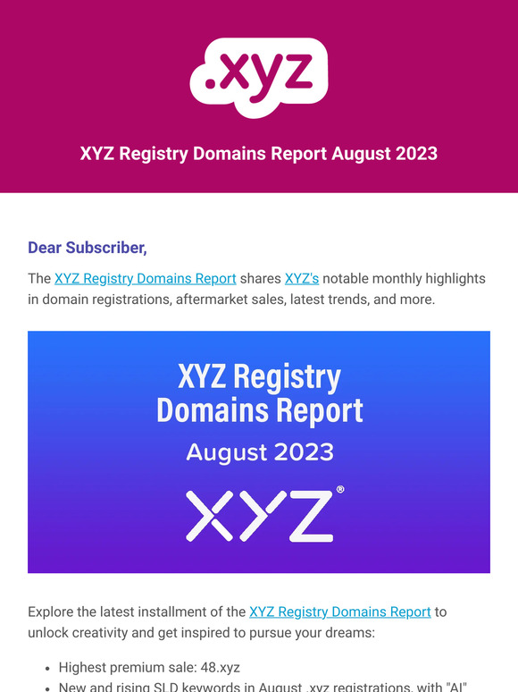 Don't miss the XYZ Registry August Domains Report, feat. AI in the top spot