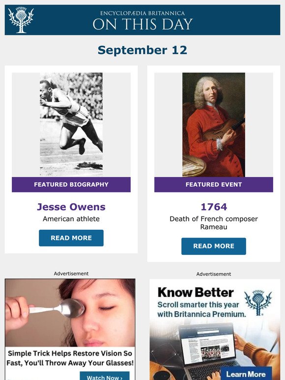 Death of French composer Rameau, Jesse Owens is featured, and more from Britannica