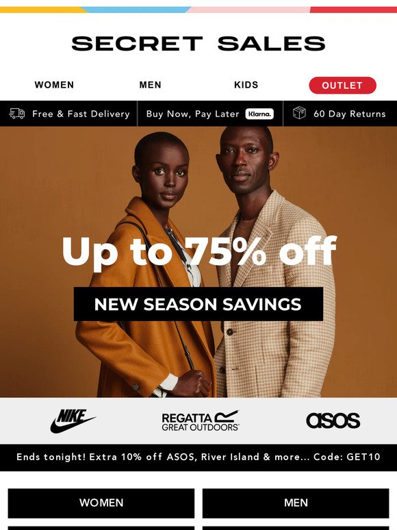 Big brand savings! Up to 75% off Nike, Versace 1969, GANT & more.