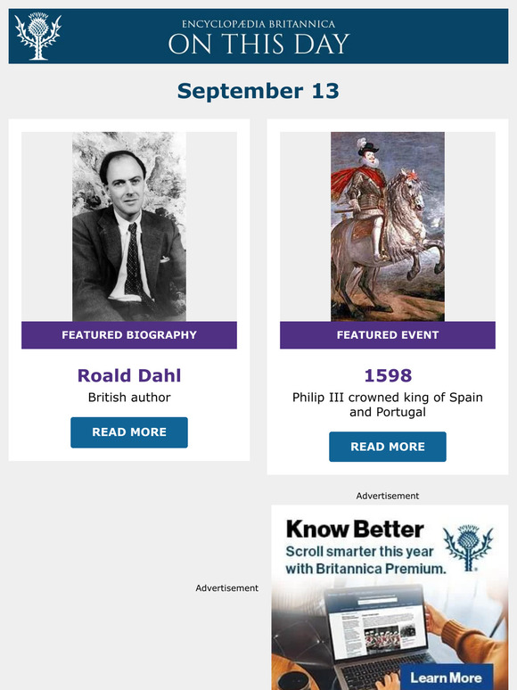 Philip III crowned king of Spain and Portugal, Roald Dahl is featured, and more from Britannica