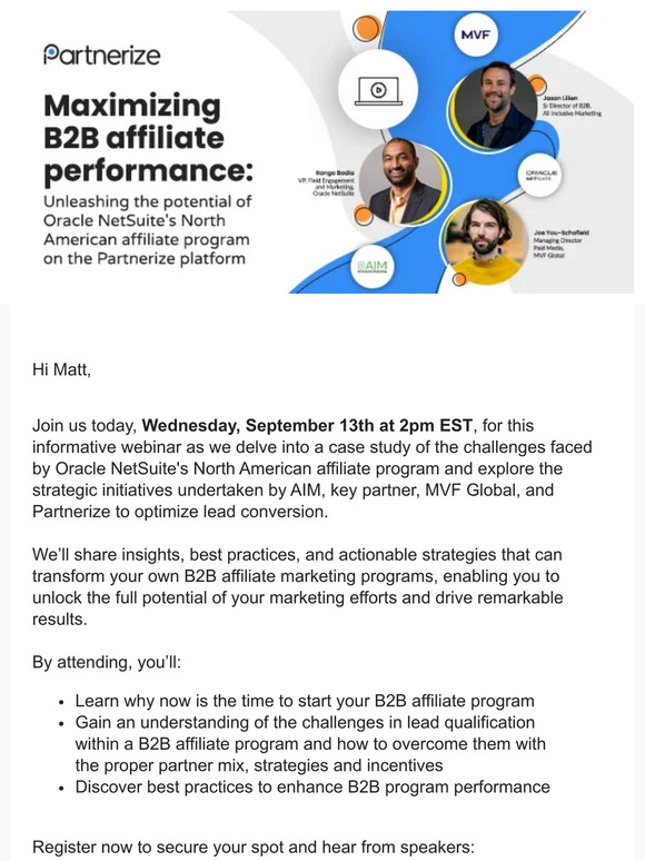 TODAY! Don't Miss: Maximizing B2B Affiliate Performance: Unleashing the Potential of Oracle NetSuite's North American Affiliate Program on the Partnerize Platform