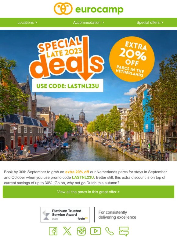Enjoy an extra 20% off holidays in the Netherlands