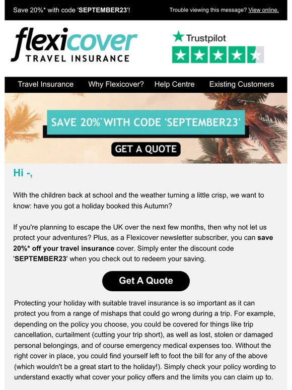 Save 20%* Off Your Travel Cover With Code 'SEPTEMBER23'