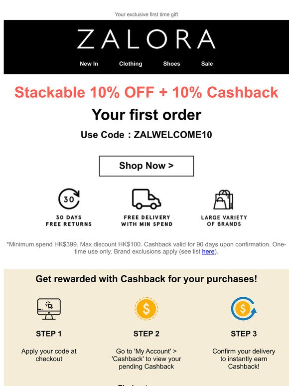Get Stackable 10% OFF + 10% Cashback on your first order!